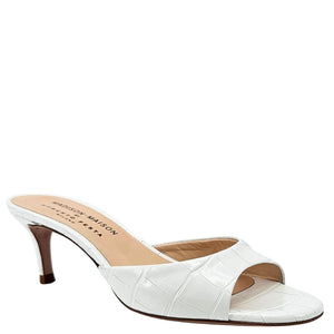 White croc-embossed heeled slide mule, open toe; tan insole