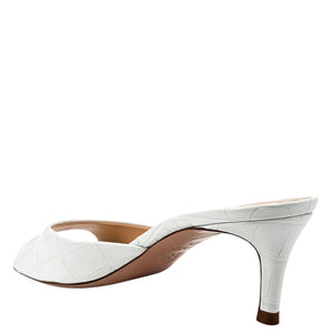White croc-embossed heeled slide mule with slim stiletto heel