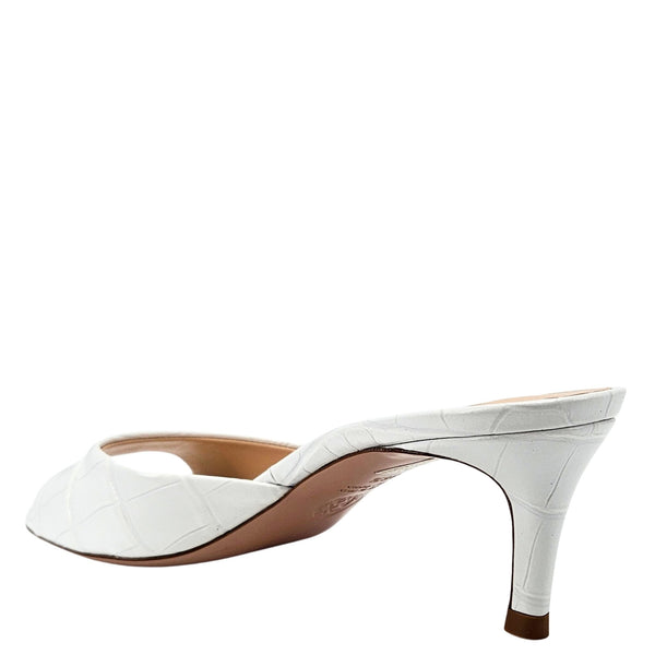 White croc-embossed heeled slide mule with slim stiletto heel