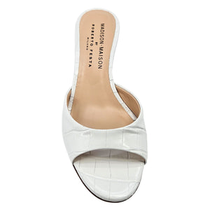 White croc-embossed open-toe heeled slide mule with tan inner lining