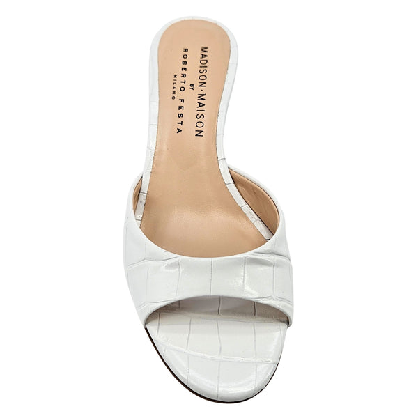 White croc-embossed open-toe heeled slide mule with tan inner lining