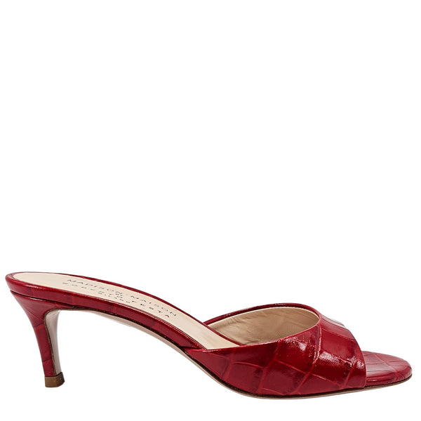 Red croc-texture heeled slide sandal, open toe, slim heel