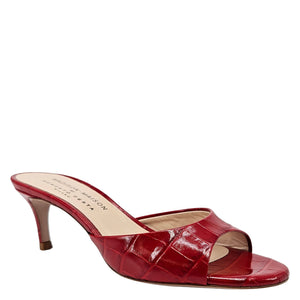 Red croc-texture slide sandal with open toe and slender block heel