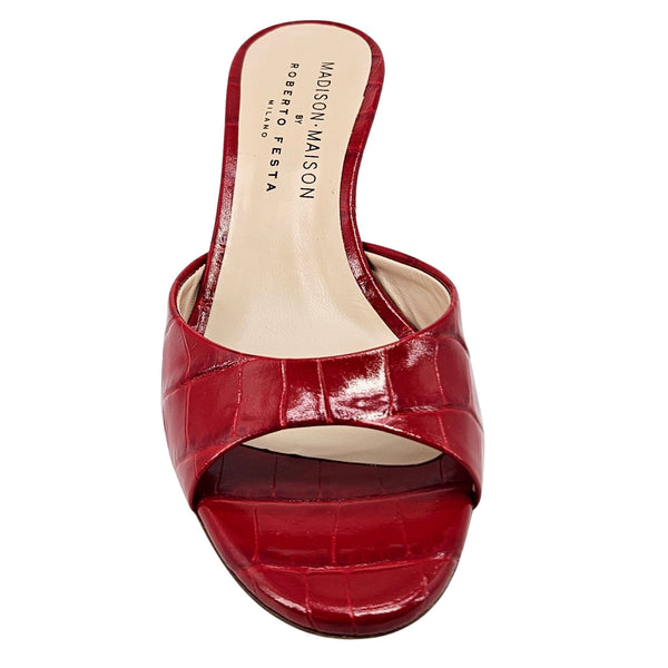 Red croc-texture open-toe heel slide, top view with cushioned insole