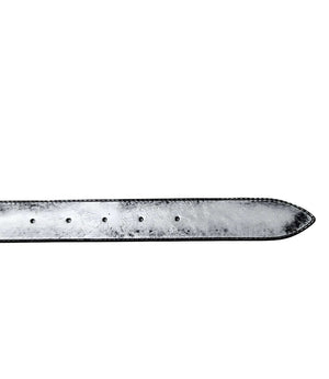 Silver metallic leather belt strap with punched holes along center
