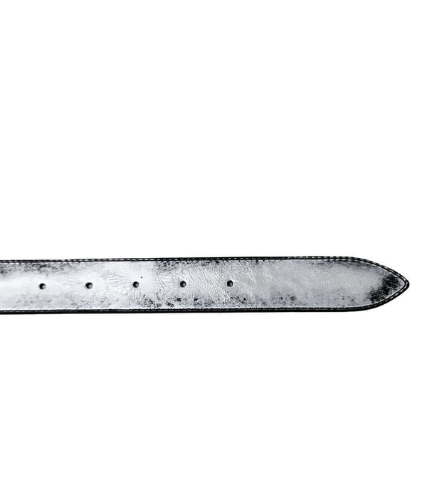 Silver metallic leather belt strap with punched holes along center