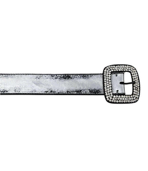 Silver metallic leather belt with square rhinestone buckle and studded border