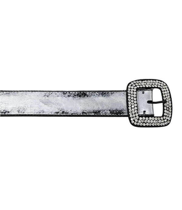 Silver metallic leather belt with square rhinestone buckle and studded border