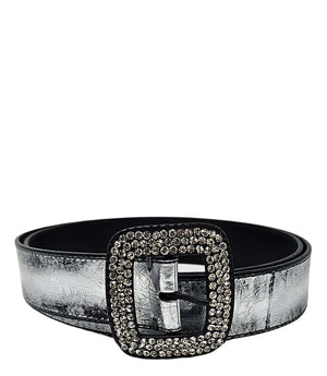 Silver metallic leather belt, square rhinestone buckle with black strap backing
