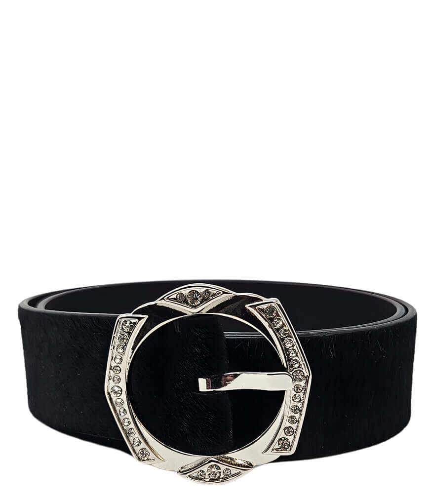 Black calf hair belt with oval rhinestone buckle and keeper