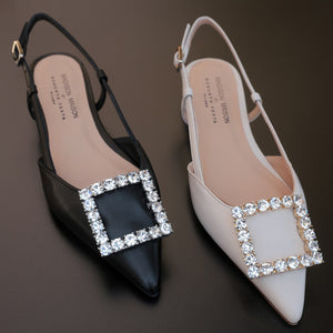Sling back flat shoes with square rhinestone strap, black and light leather
