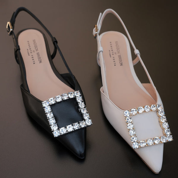 Sling back flat shoes with square rhinestone strap, black and light leather