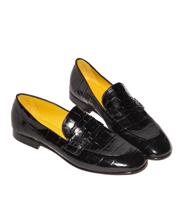 Black croc-textured leather flat moc loafer with square slip-on toe