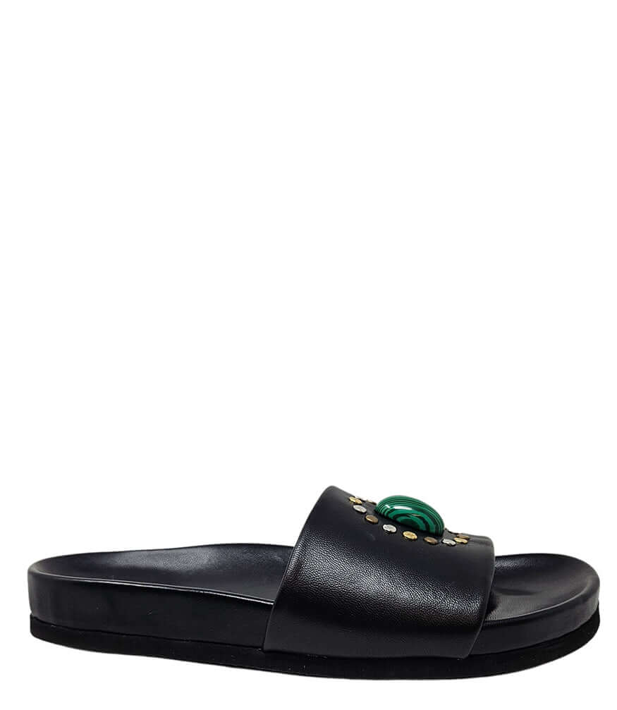 Black open-toe slide sandal with padded footbed and decorative oval gem detail
