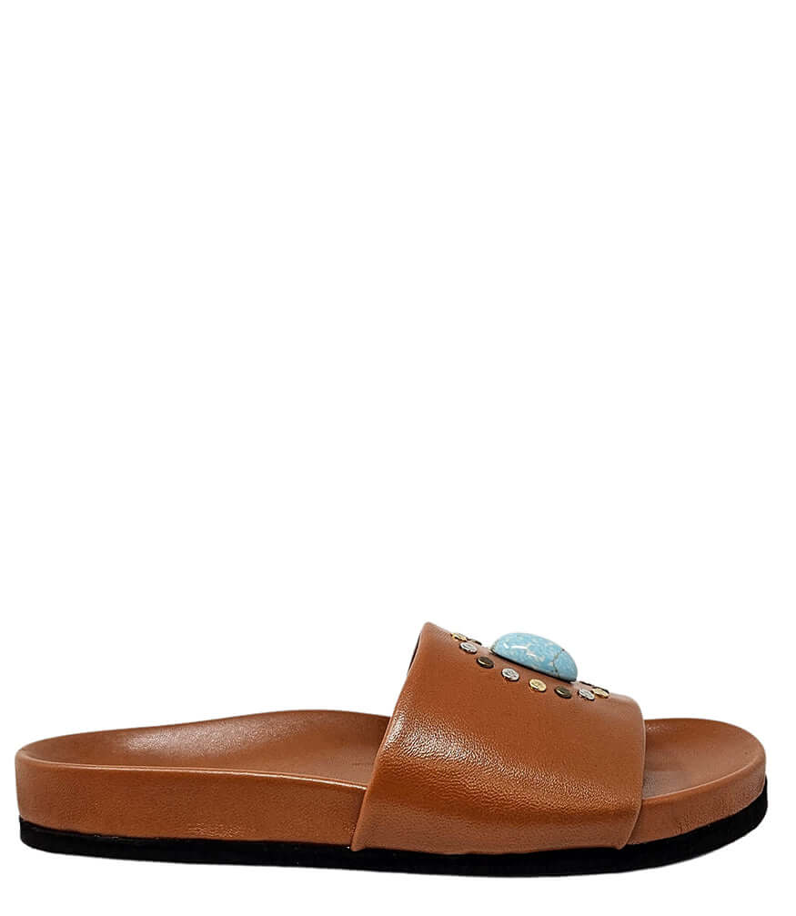 Cognac open-toe slide sandal with blue oval jewel and rhinestone accents