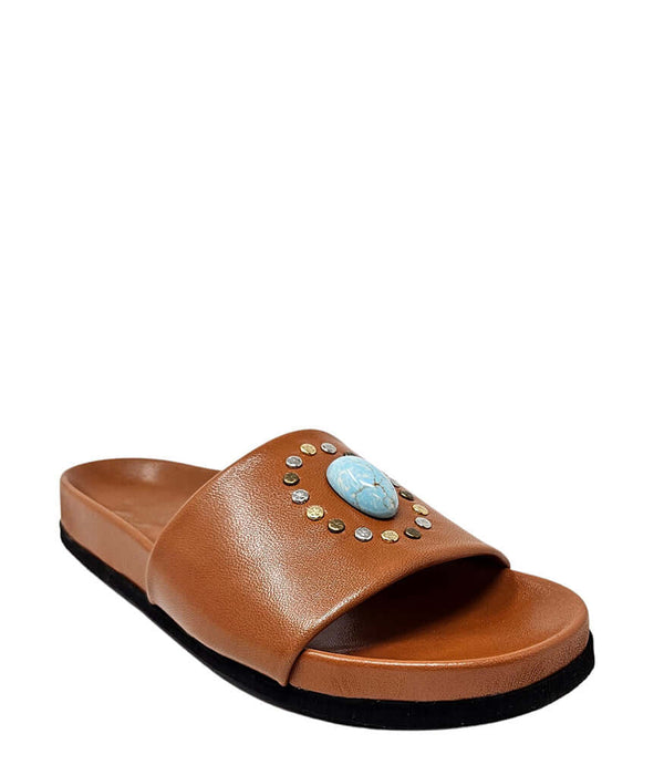 Cognac open-toe slide sandal with embellished blue oval medallion on strap