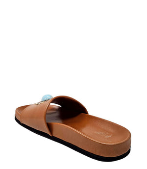 Cognac open-toe slide sandal, view of footbed and blue jewel strap