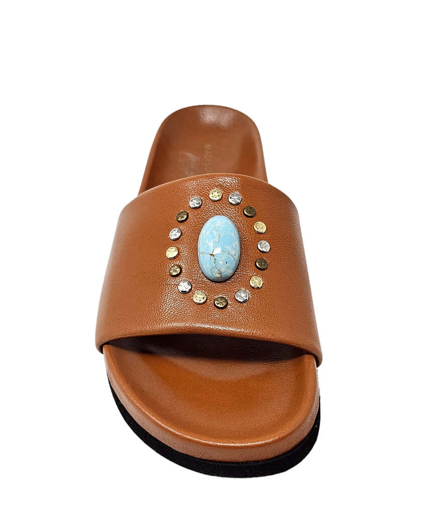 Cognac open-toe slide sandal with blue oval jewel and rhinestone accents
