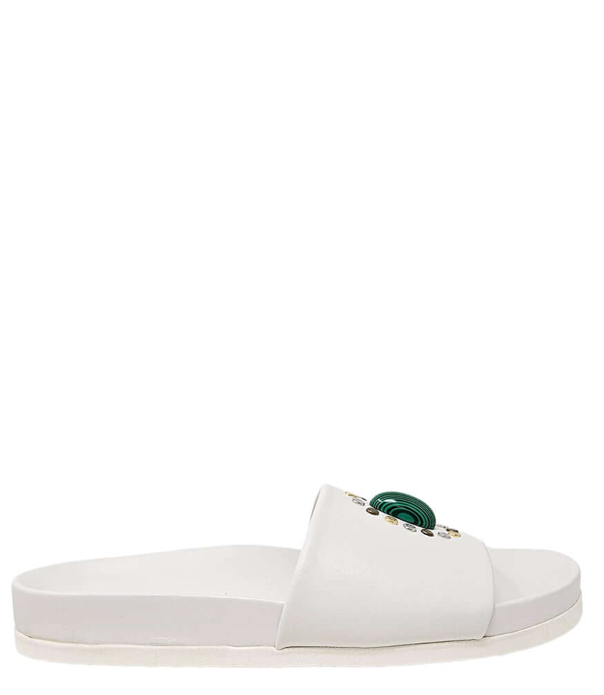 White open-toe slide sandal with green oval ornament and gold stud accents