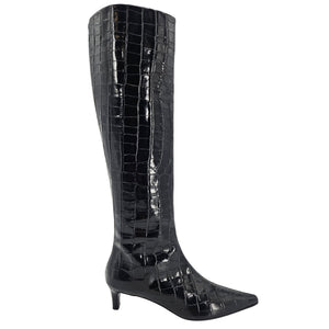 Black tall boot with crocodile-textured look, pointed toe, and low kitten heel