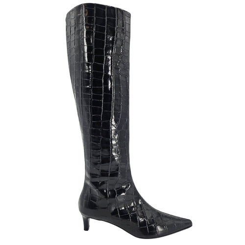 Black tall boot with crocodile-textured look, pointed toe, and low kitten heel