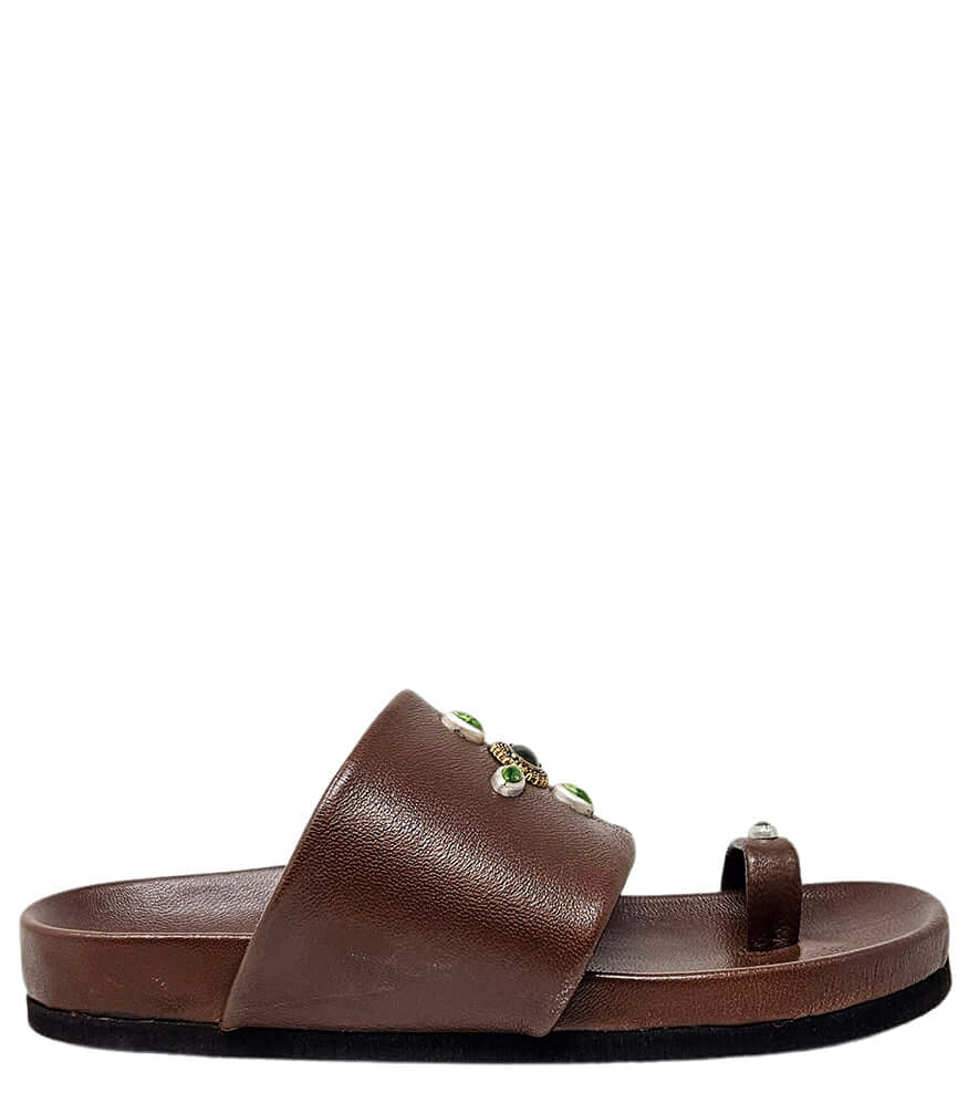 Brown toe-ring sandal with green jewel embellishment and molded footbed