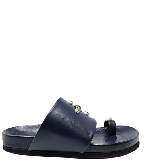Navy toe ring sandal with wide strap and green jeweled ornament