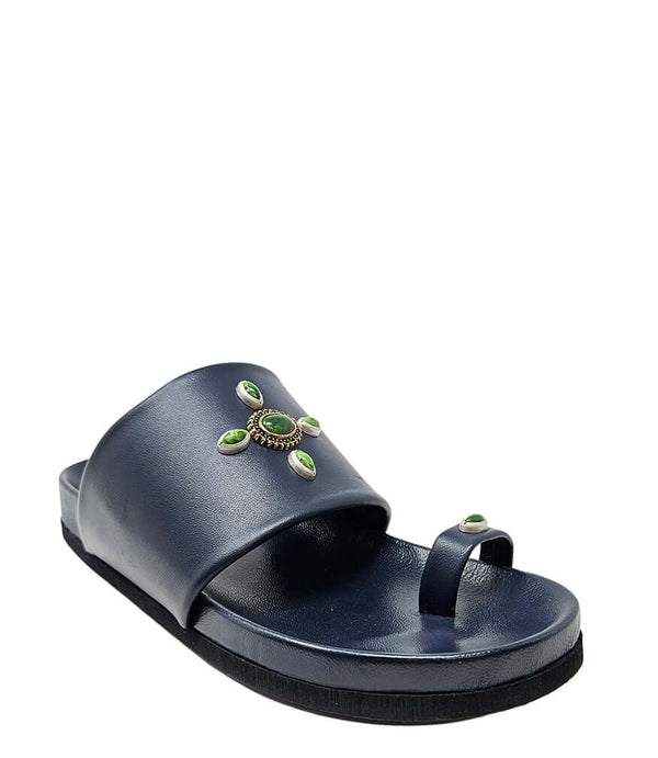 Navy toe ring sandal, wide toe strap with green jeweled floral detail