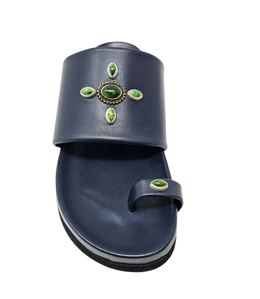 Navy toe ring sandal with wide strap and green jeweled ornament