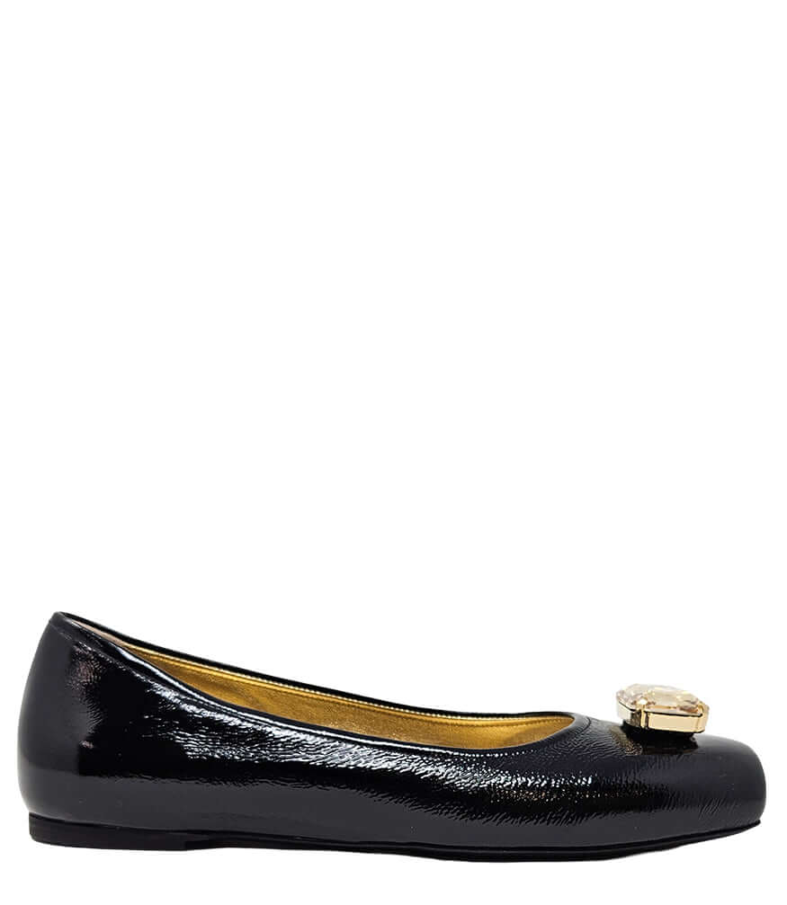 Black jeweled ballet flats with gold gem buckle and rounded toe