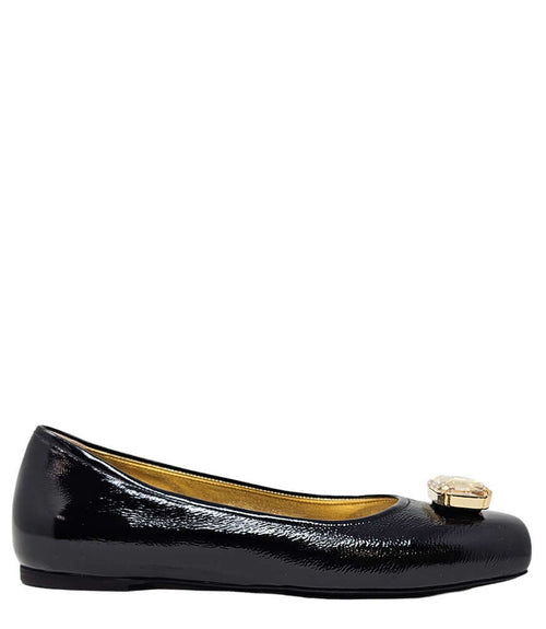 Black jeweled ballet flats with gold gem buckle and rounded toe