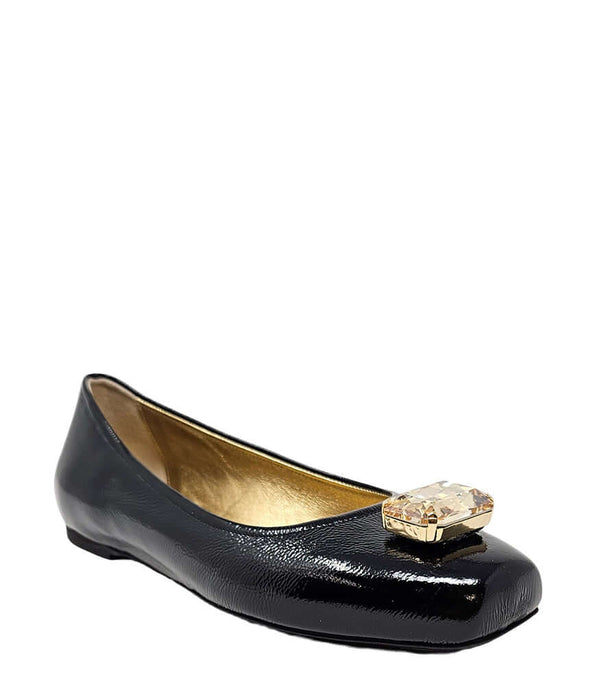 Black jeweled ballet flats with gold gem buckle, low profile sole