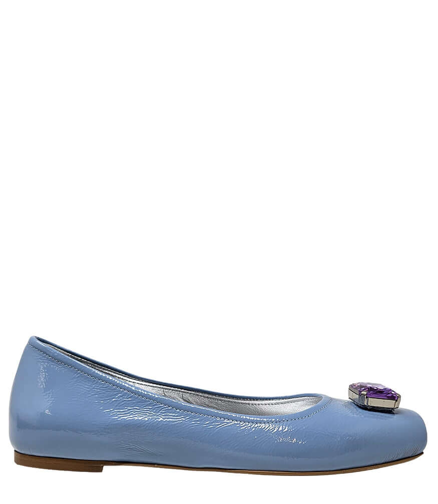Light blue women's ballet flats with jeweled square toe ornament and low heel