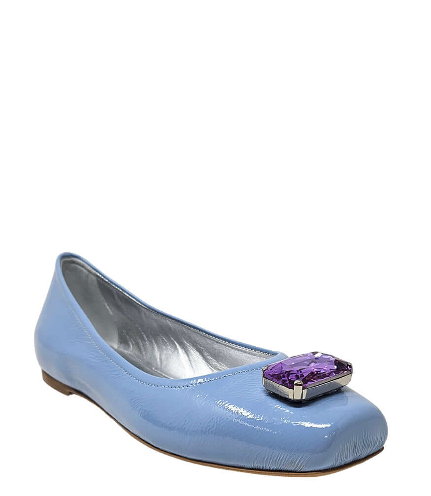 Light blue women's ballet flats with jeweled square toe ornament and low heel