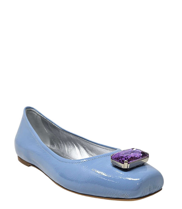 Light blue women's ballet flats with jeweled buckle detail on rounded toe