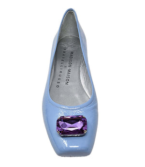 Light blue ballet flats with purple jeweled toe and printed insole label