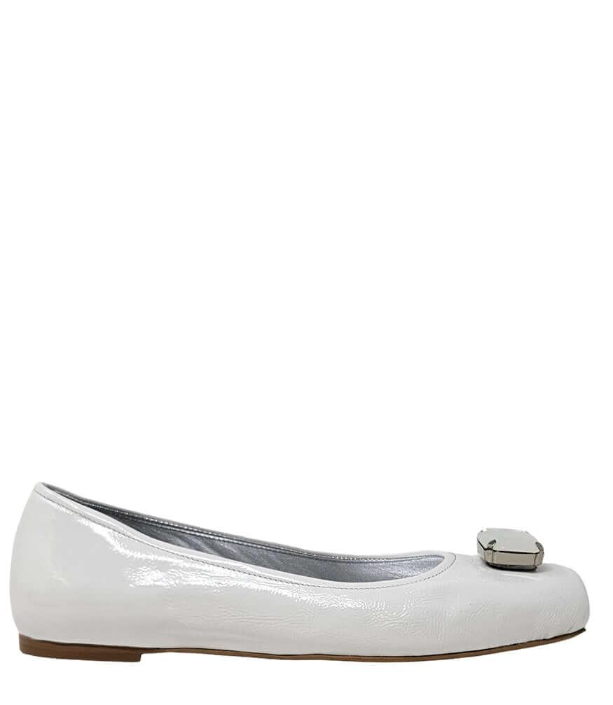 White jeweled ballet flat with gold-tone toe clasp and low sole
