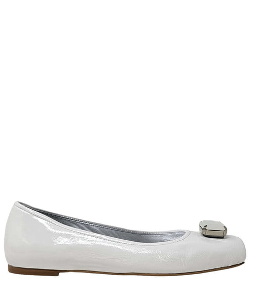 White jeweled ballet flat with gold-tone toe clasp and low sole