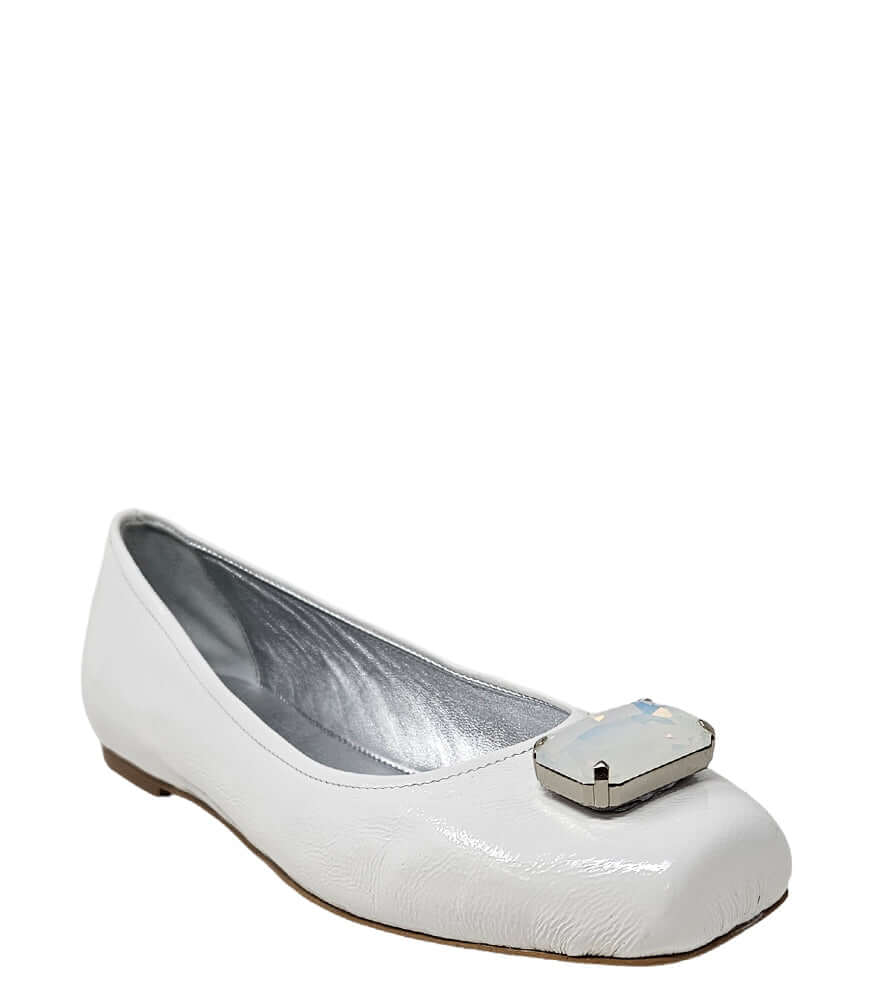 White jeweled ballet flat with gold-tone toe clasp and low sole