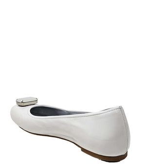 White jeweled ballet flat with toe clasp and low sole, rear angle