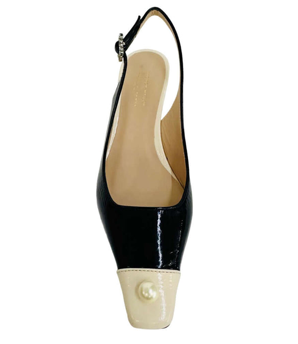 Navy patent slingback kitten heel with off-white heel tab and single pearl detail