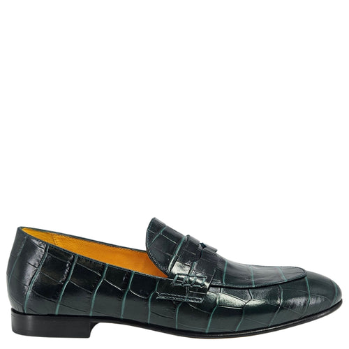 Dark green croc-texture leather flat loafer with strap and moc toe