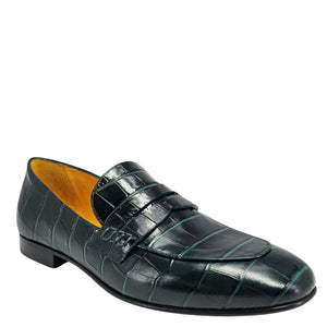 Dark green croc-texture leather loafer with flat sole and strap detail