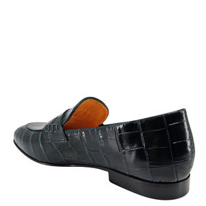 Dark green croc-texture leather loafer with low heel and side strap