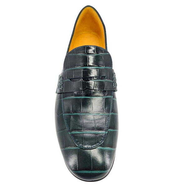 Dark green croc-texture leather loafer with moc toe and strap vamp