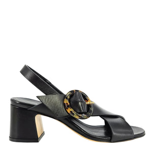 Black leather singback sandal with block heel and round buckle detail