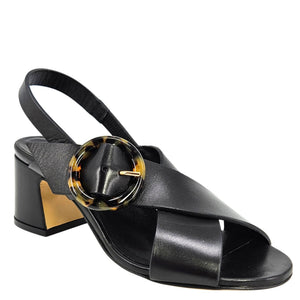 Black leather singback sandal with block heel and round tortoiseshell-style buckle