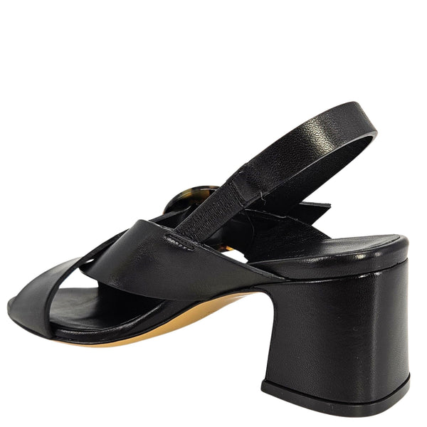 Black leather open-toe slingback sandal with thick block heel and buckle