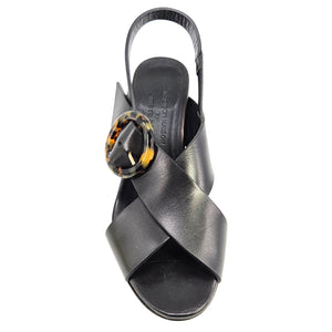 Black leather singback sandal with round buckle and slingback strap