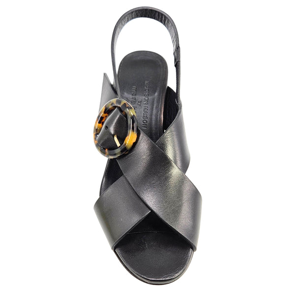 Black leather singback sandal with round buckle and slingback strap